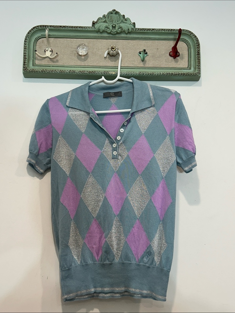Alexander McQueen Women’s Short-Sleeve Argyle Polo Shirt blue silver Purple Med